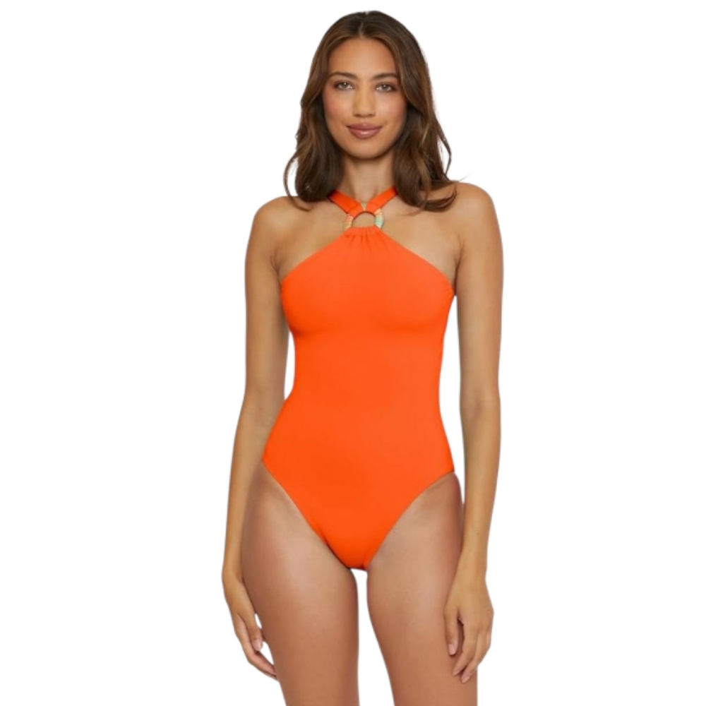 BECCA Baja Mar High Neck One Piece Swimsuit Sz Small Orange NEW